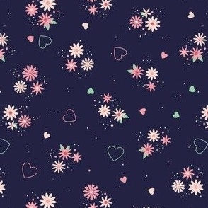 XS ✹ - Floral with Hearts - Pink and Mint Green on a Navy Blue Background