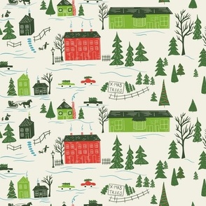 Vintage Modern Christmas Village in Retro Red and  Greens