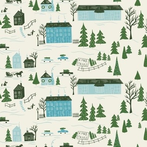 Vintage Modern Christmas Village in Forest Green and Baby Blue