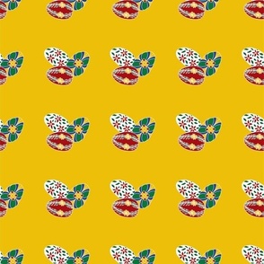 Horizontal Stripes of a Repeated Cluster of Colorful Ukrainian Easter Eggs on a Yellow Background