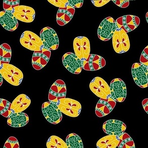 Repeated Clusters of Colorful Ukrainian Easter Eggs are Scattered on a Black Background