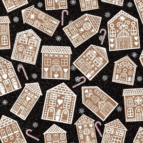 Christmas Gingerbread Cookie Houses with Peppermint Candy Canes on Black