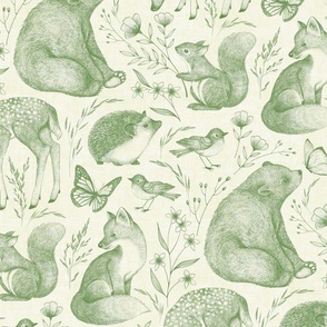 Forest Fauna Toile - fern green on pale cream 