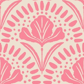 (L) Pink and Warm Beige Iris Floral Scallop Block Print Large 