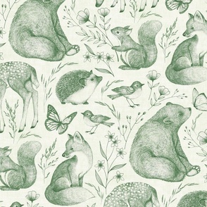 Forest Fauna Toile - pine green 