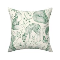 Forest Fauna Toile - green on pale cream 