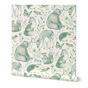 Forest Fauna Toile - green on pale cream 