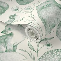 Forest Fauna Toile - green on pale cream 