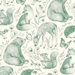 Forest Fauna Toile - green on pale cream 