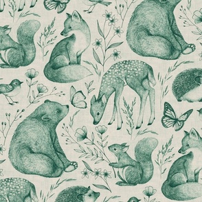 Forest Fauna Toile - jade green on taupe  