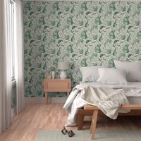 Forest Fauna Toile - dark green on taupe 