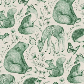 Forest Fauna Toile - dark green on taupe 