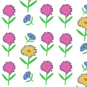 Hand-Drawn Pink, Yellow, and Blue Flowers