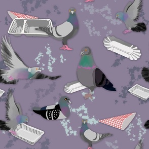 Pigeons in purple with snacks
