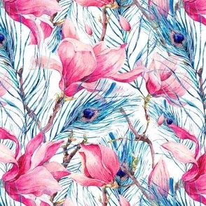 Watercolor Magnolia flowers and Peacock feathers on white
