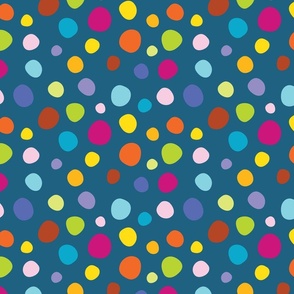 Mini - Modern and fun, multi-coloured bubbles and polka dots on navy blue
