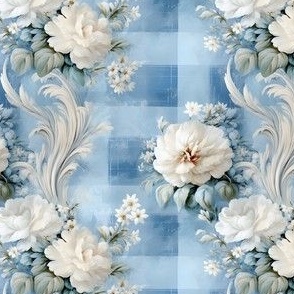 White Flowers on Blue Plaid - small