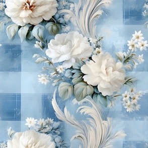 White Flowers on Blue Plaid - medium
