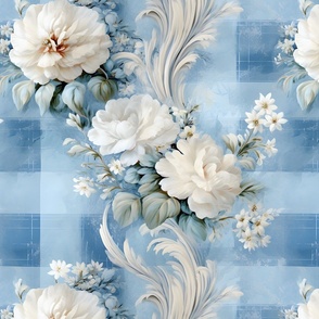 White Flowers on Blue Plaid - large