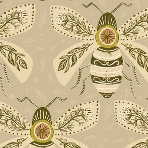 Large scale Folk Art Bees|wildflowers with leaves|Large|cream and Green