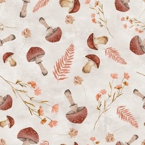 Mushroom botanica peach flower red mushroom textured background ivory 