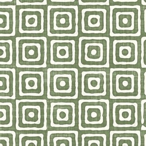 Geometric Concentric Squares Batik Block Print in Sage Green and Natural White (Large Scale)