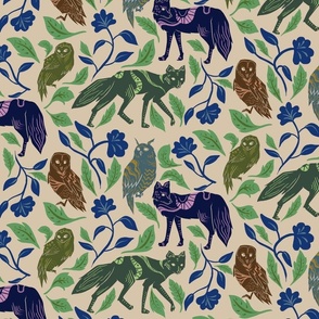 Owls and wolfs in magic woodland