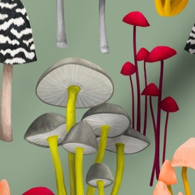 Mushroom Mash Up, Colorful Fungi on Soft Green, Large Scale