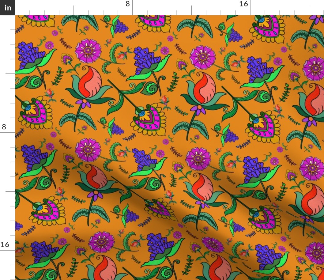 Indian Kalamkari Flowers Yellow Background Floral