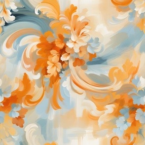 Orange, Blue Flowers & Scrolls - medium