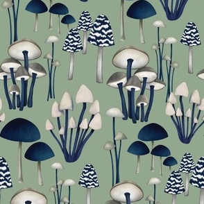 Navy Blue and Griege Mushrooms on Soft Green, Large