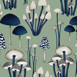 Navy and Greige Mushroom on Soft Green