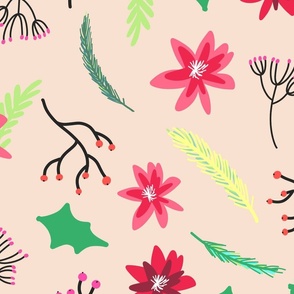 Boho Christmas Foliage , Poinsettia, Wreath, and Mistletoe on Tan  Background
