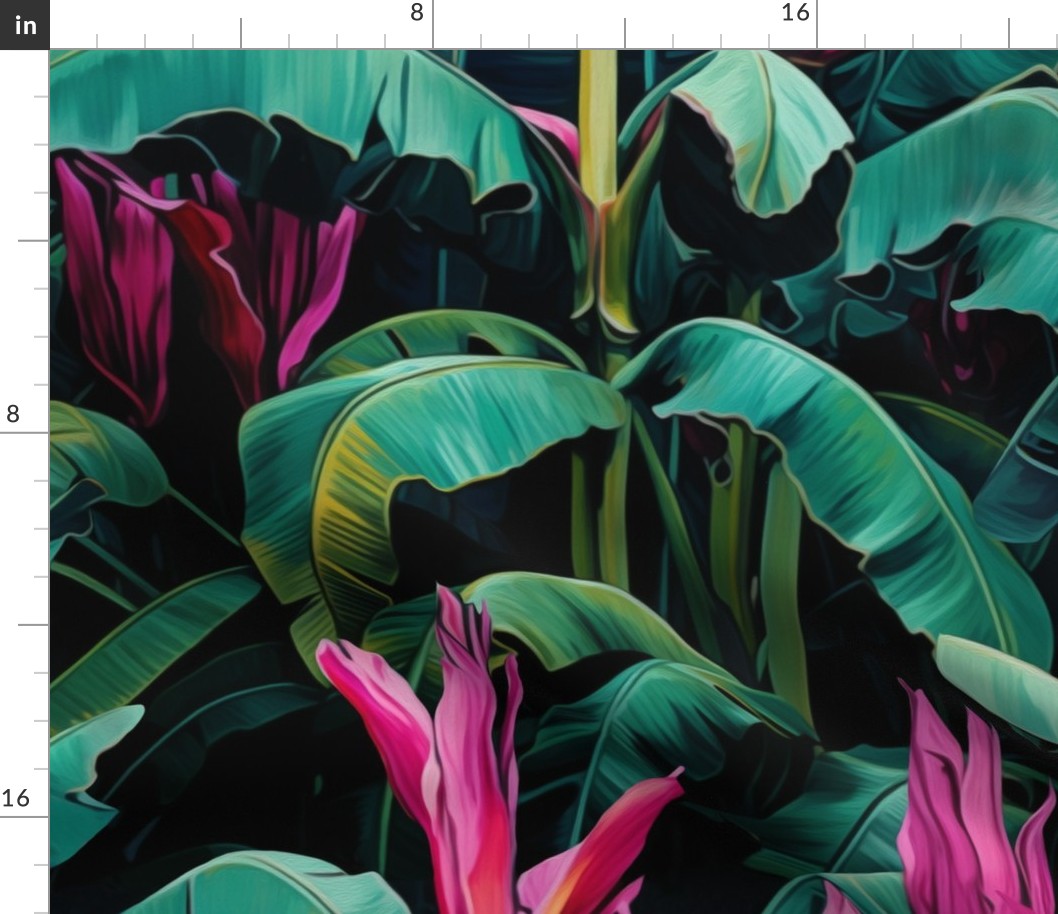 Tropical Jungle - Banana Leaf plants with Magenta and Greens Black Background