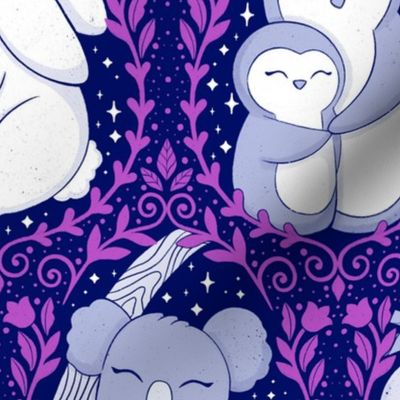  Mother’s love, Mother’s Day design  purple and dark blue - cute animals  - bunny - koala - penguin - sloth - home decor - party - floral.