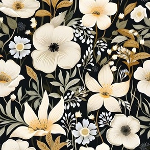 White & Ivory Flowers on Black - medium