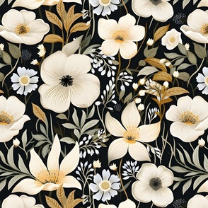 White & Ivory Flowers on Black - large