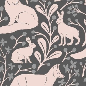 Foxes and Hares in Dark Blue Gray in a Canadian Meadow  | Small Version | Bohemian Style Pattern in the Woodlands