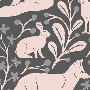 Foxes and Hares in Dark Blue Gray in a Canadian Meadow  | Medium Version | Bohemian Style Pattern in the Woodlands