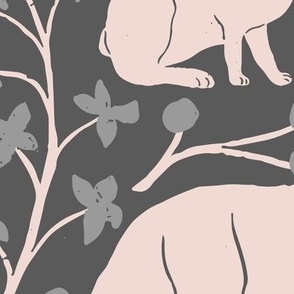 Foxes and Hares in Dark Blue Gray in a Canadian Meadow  | Large Version | Bohemian Style Pattern in the Woodlands