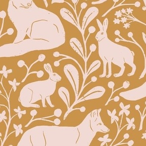 Foxes and Hares in Mustard Yellow in a Canadian Meadow  | Small Version | Bohemian Style Pattern in the Woodlands