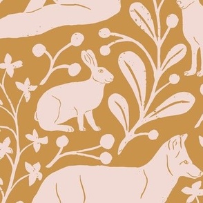 Foxes and Hares in Mustard Yellow in a Canadian Meadow  | Medium Version | Bohemian Style Pattern in the Woodlands