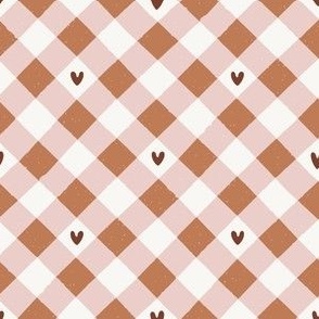 Diagonal Gingham with Hearts | Valentine's Day Check in Pink Cinnamon