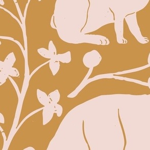 Foxes and Hares in Mustard Yellow in a Canadian Meadow  | Large Version | Bohemian Style Pattern in the Woodlands