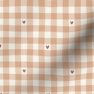 Gingham with Hearts | Valentine's Day Check in Warm Peachy Beige 