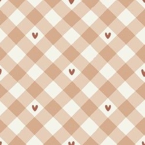 Diagonal Gingham with Hearts | Valentine's Day Check in Warm Beige 