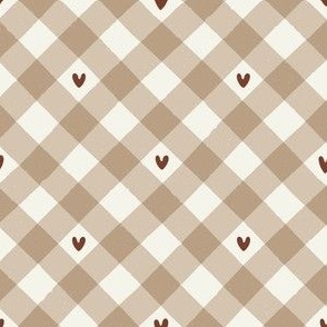 Cosy Cottage Diagonal Gingham with Hearts | Neutral  Valentine's Day Check in Soft Warm Earth Tones 