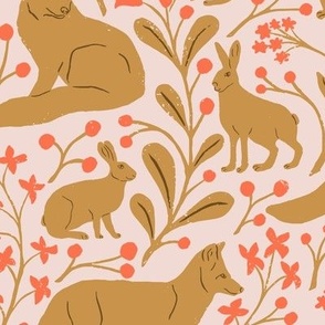 Foxes and Hares in Red and Mustard Yellow in a Canadian Meadow  | Small Version | Bohemian Style Pattern in the Woodlands