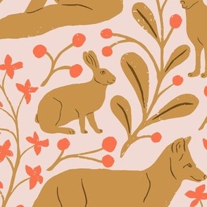 Foxes and Hares in Red and Mustard Yellow in a Canadian Meadow  | Medium Version | Bohemian Style Pattern in the Woodlands
