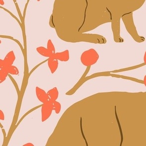 Foxes and Hares in Red and Mustard Yellow in a Canadian Meadow  | Large Version | Bohemian Style Pattern in the Woodlands